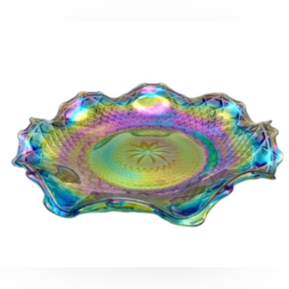 Vintage Iridescent blue Carnival glass ruffled edge hostess plate